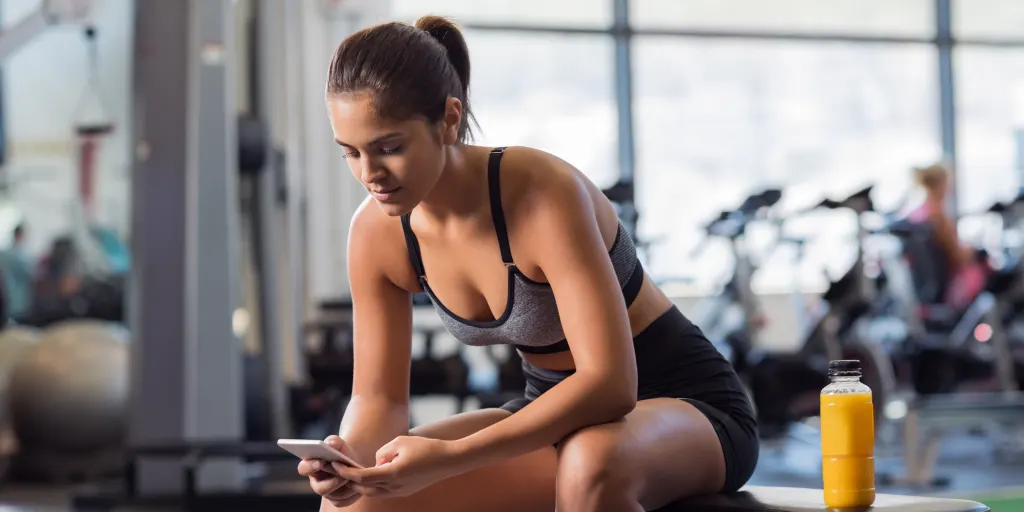 woman using her cell phone at the gym