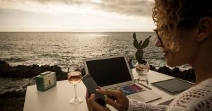 An image of a digital nomad's work station for an article about points hacking for digital nomad.