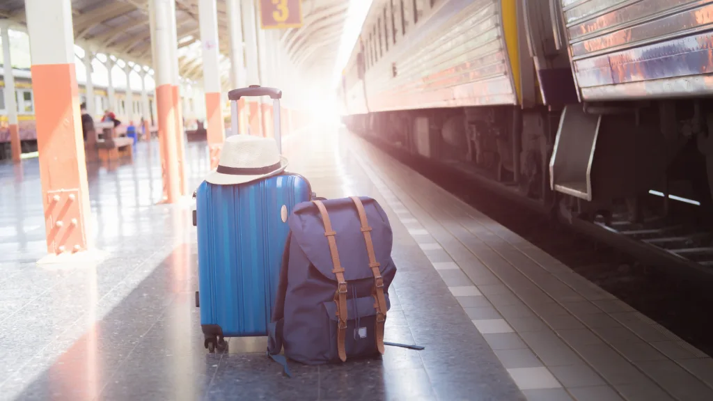 An image of two luggage set in the middle of an airport hall.