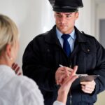 A security officer in uniform is shown speaking with a woman, clipboard in hand, in what appears to be an official or checkpoint setting. This image represents the scrutiny felons might face when attempting international travel, aligning with the topic of which countries allow entry to individuals with a criminal record and what to expect during border checks.