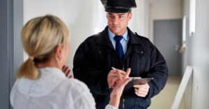 A security officer in uniform is shown speaking with a woman, clipboard in hand, in what appears to be an official or checkpoint setting. This image represents the scrutiny felons might face when attempting international travel, aligning with the topic of which countries allow entry to individuals with a criminal record and what to expect during border checks.