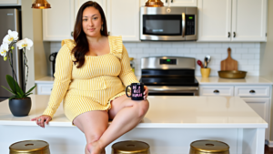 A woman in a yellow striped dress sits on a kitchen counter in a modern kitchen, holding a black mug with the phrase "Be A Nice Human" in pink letters. The setting suggests a cozy, well-maintained home, emphasizing a warm and welcoming ambiance that could appeal to potential Airbnb guests in a primary residence setup