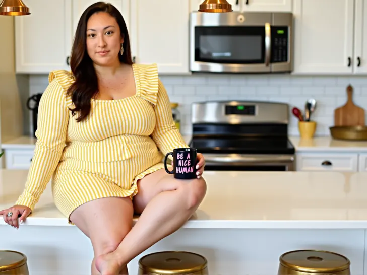 A woman in a yellow striped dress sits on a kitchen counter in a modern kitchen, holding a black mug with the phrase 