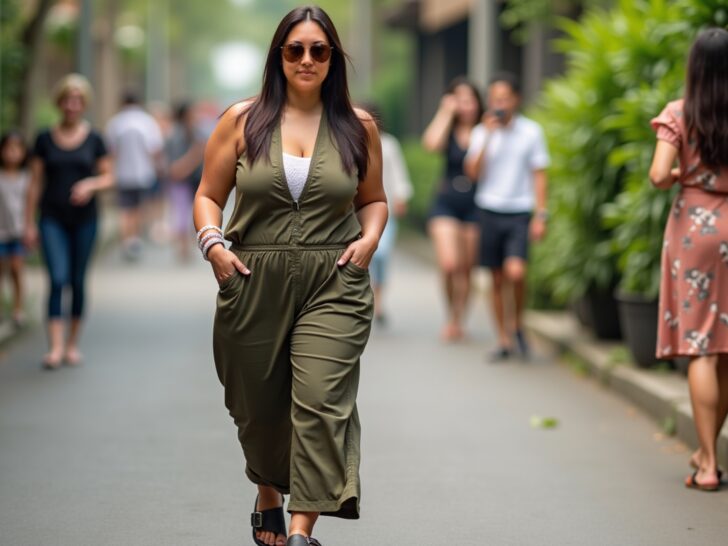 A woman in an olive jumpsuit walks confidently down a lively street, surrounded by people, representing the independence and freedom that multiple income streams can provide in a bustling, modern lifestyle.