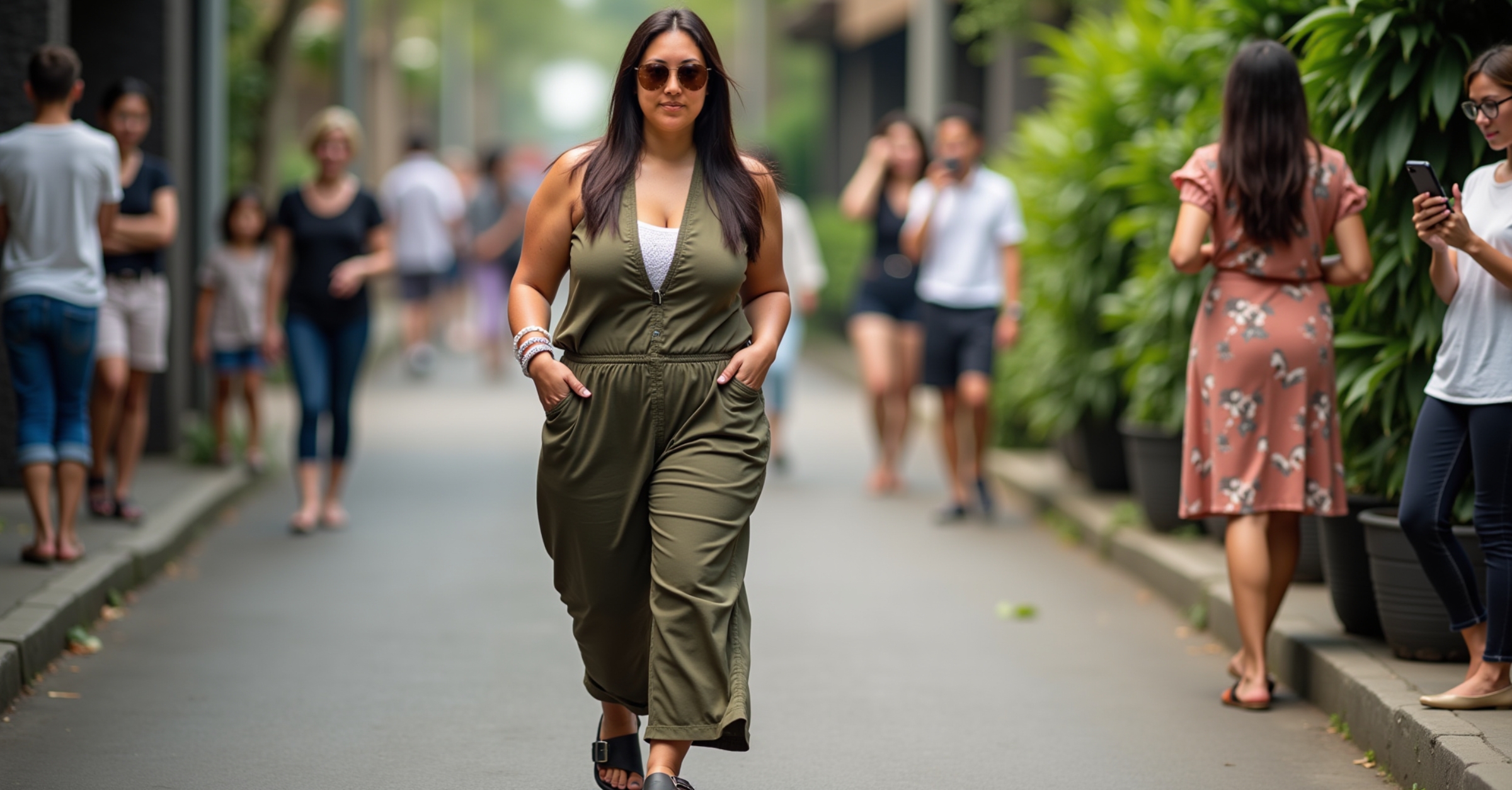 A woman in an olive jumpsuit walks confidently down a lively street, surrounded by people, representing the independence and freedom that multiple income streams can provide in a bustling, modern lifestyle.