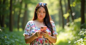 A woman in a floral dress stands outdoors, focused on her smartphone with sunlight filtering through a green, wooded background. This serene setting symbolizes the potential freedom and flexibility gained by effectively outsourcing work, enabling more time to enjoy nature and personal interests.