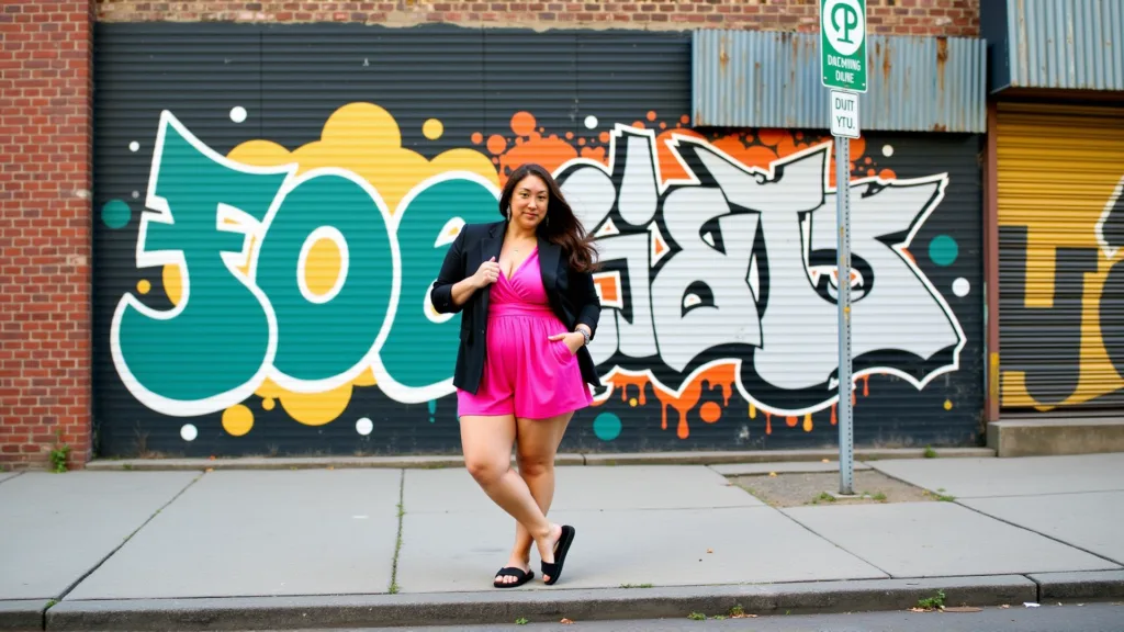 A woman in a vibrant pink romper and black blazer stands confidently in front of a colorful graffiti wall, exuding self-assurance. Her relaxed stance and direct gaze reflect an empowered attitude, aligning with themes of overcoming self-doubt and embracing self-confidence.