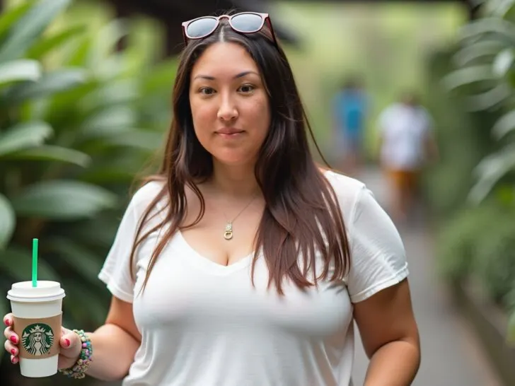 A woman in a casual white shirt holding a Starbucks cup, standing amidst lush greenery. This image reflects thoughtful spending choices, aligning with the importance of budgeting to make mindful financial decisions. Perfect for a post on why budgeting can positively impact your financial life.