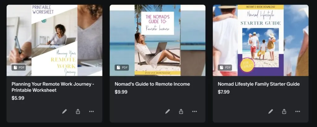 A product showcase featuring digital guides for remote work and the nomadic lifestyle, ideal for building additional income streams. Items include "Planning Your Remote Work Journey - Printable Worksheet" at $5.99, "Nomad's Guide to Remote Income" at $9.99, and "Nomad Lifestyle Family Starter Guide" for families at $7.99, highlighting affordable tools for those seeking location-independent income.