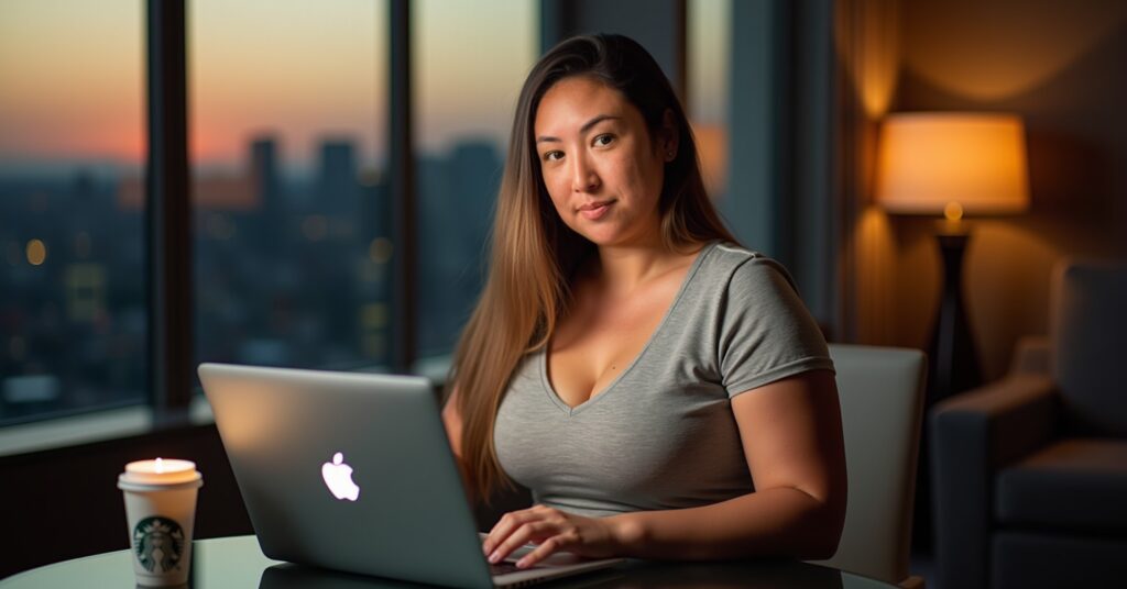 A woman working on a laptop with a focused expression, set against a cityscape at sunset, symbolizing dedication to remote or outsourced work. A Starbucks cup nearby adds a casual touch, reinforcing the modern, flexible work setting ideal for exploring outsourcing options to grow a business.