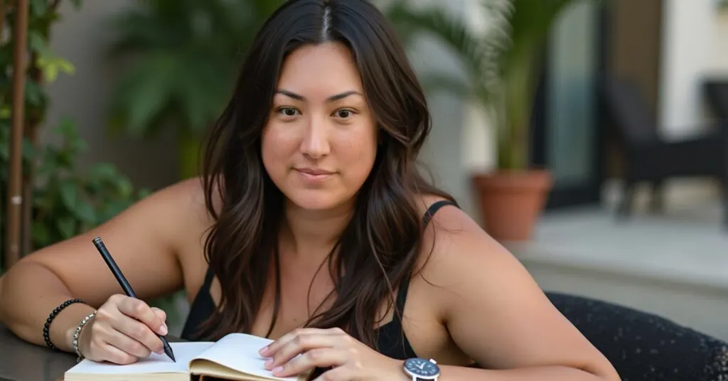 A woman sits outdoors, focused on writing in a notebook, symbolizing the potential of creating and selling planners or journals as an additional income stream for digital nomads and entrepreneurs seeking financial freedom.