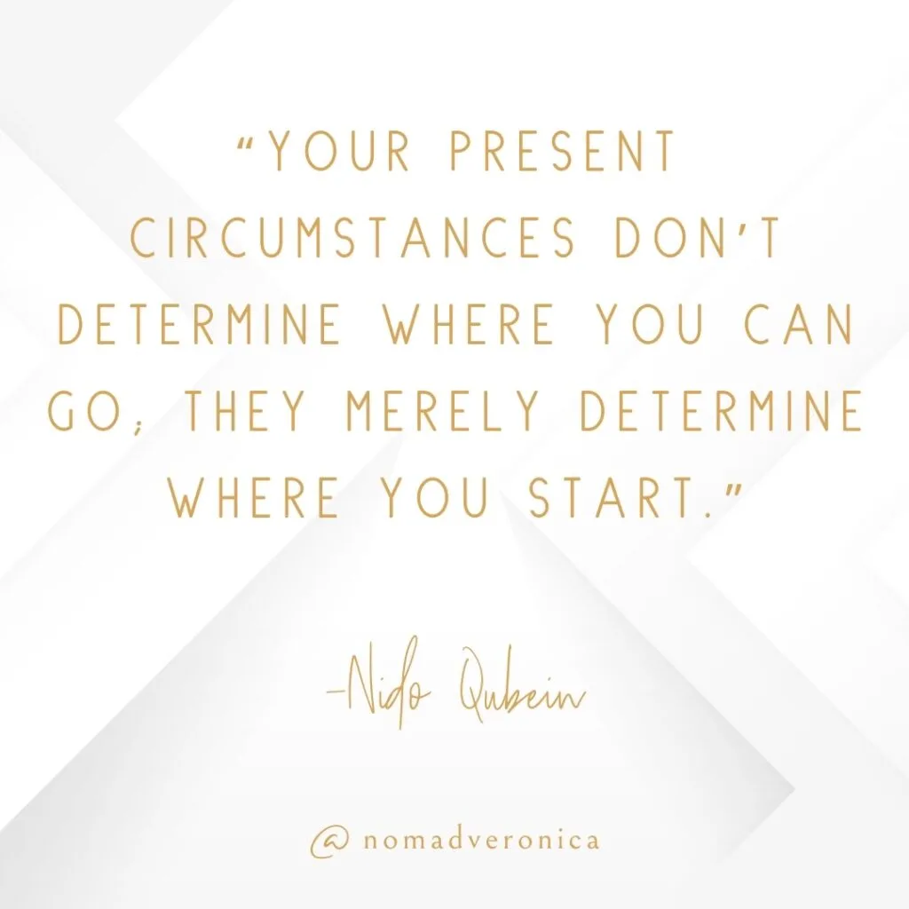 Minimalist white and gold graphic featuring the quote 'Your present circumstances don’t determine where you can go; they merely determine where you start' by Nido Qubein, credited to @nomadveronica. A motivational quote for a section on relatable quotes for young people.
