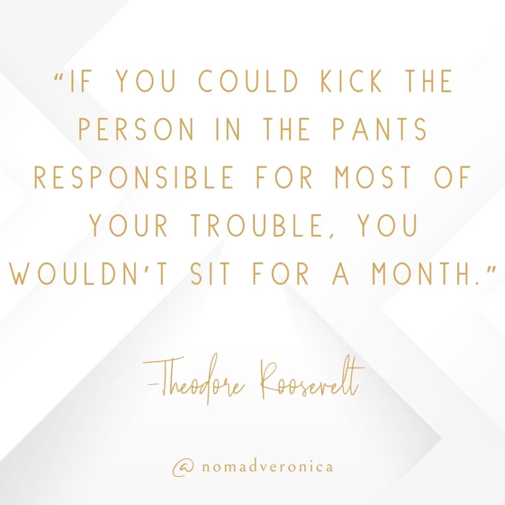 The quote, "If you could kick the person in the pants responsible for most of your trouble, you wouldn’t sit for a month," attributed to Theodore Roosevelt, is presented in gold text on a white geometric background. This humorous yet insightful quote reflects on personal accountability in a witty way. The handle "@nomadveronica" is included at the bottom.