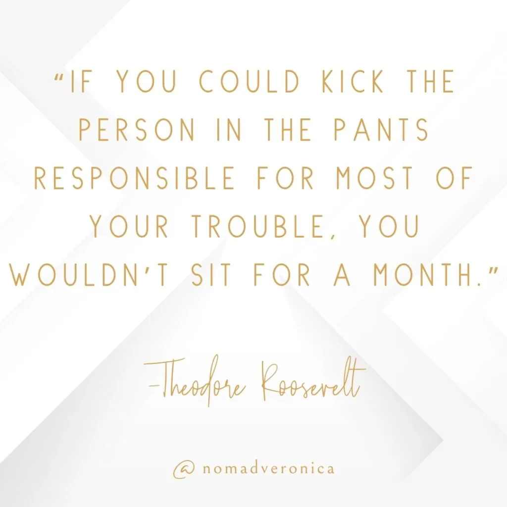 The quote, "If you could kick the person in the pants responsible for most of your trouble, you wouldn’t sit for a month," attributed to Theodore Roosevelt, is presented in gold text on a white geometric background. This humorous yet insightful quote reflects on personal accountability in a witty way. The handle "@nomadveronica" is included at the bottom.