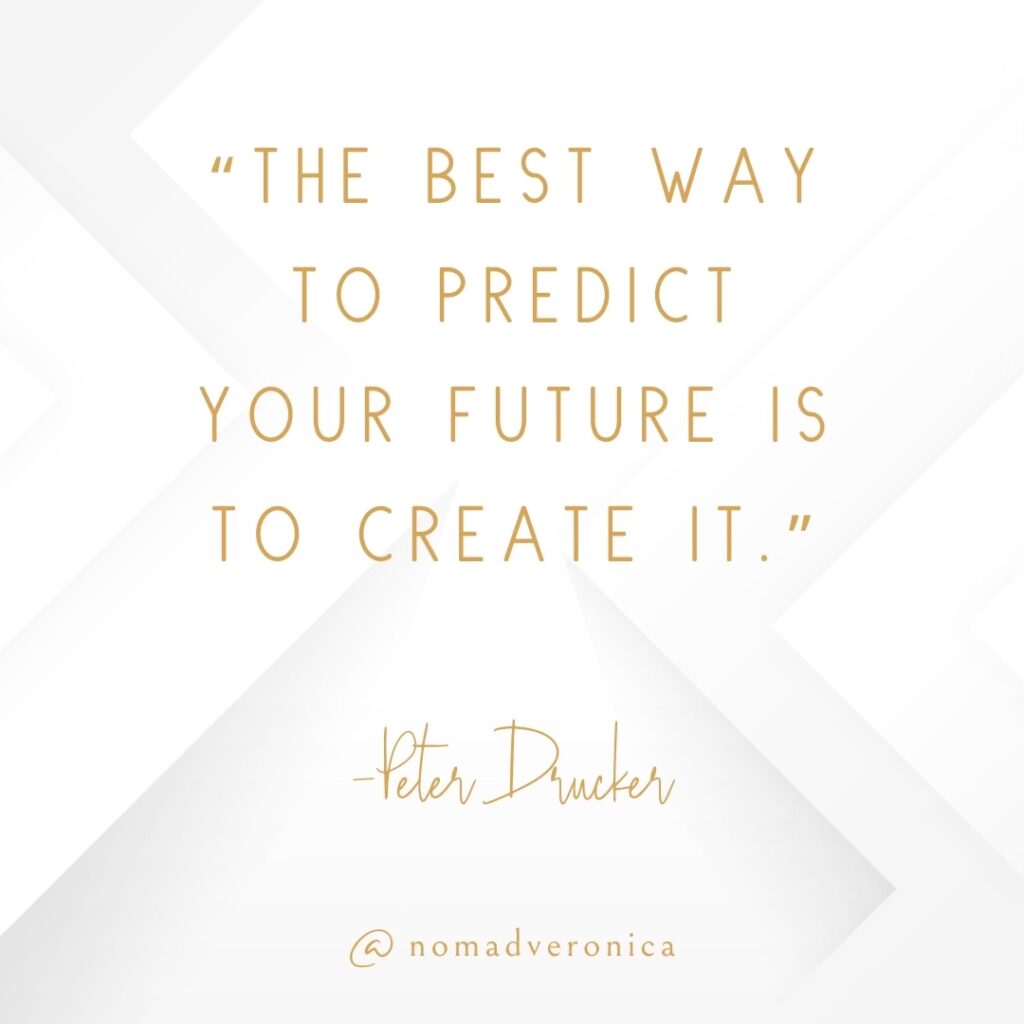 Minimalist white and gold graphic displaying the quote 'The best way to predict your future is to create it' by Peter Drucker, credited to @nomadveronica. An inspiring choice for a section on motivational quotes about tackling new challenges.