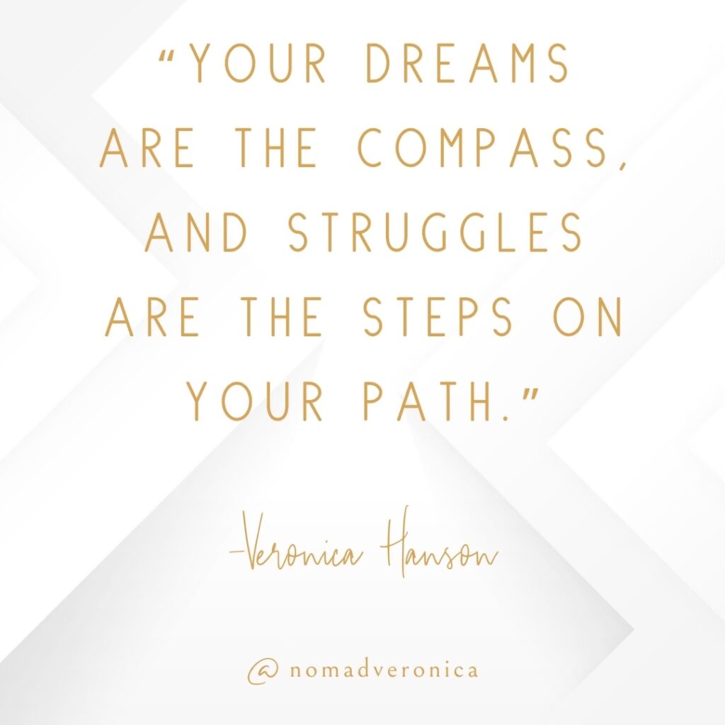 A quote by Veronica Hanson reads, "Your dreams are the compass, and struggles are the steps on your path," written in elegant gold text on a white geometric-patterned background. The image, featuring the handle "@nomadveronica," inspires resilience and ambition through life's challenges.