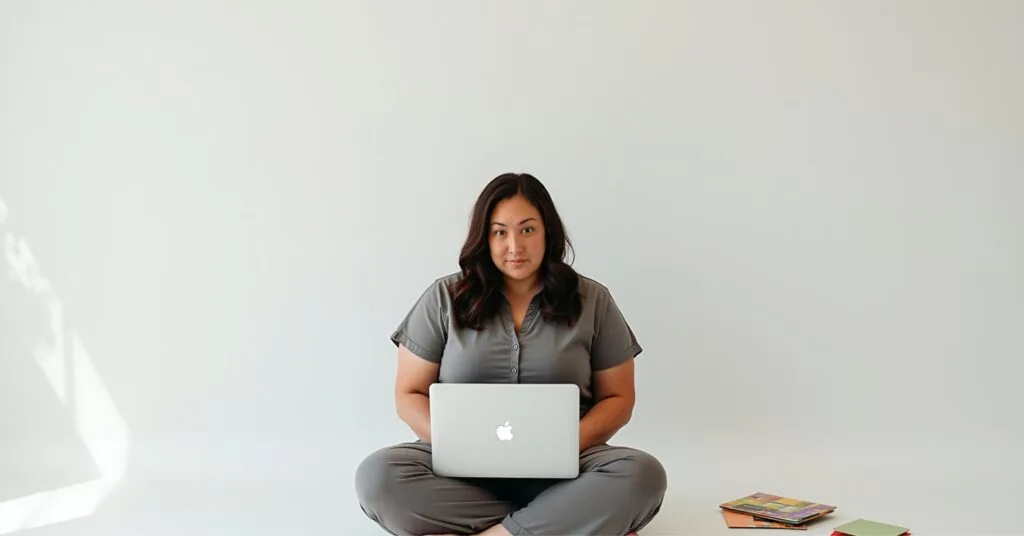 A woman sits cross-legged on the floor with a laptop, exuding focus and determination. Beside her are organized stacks of books and notebooks, symbolizing the importance of budgeting for financial clarity and freedom by taking control of finances through mindful planning and organization.