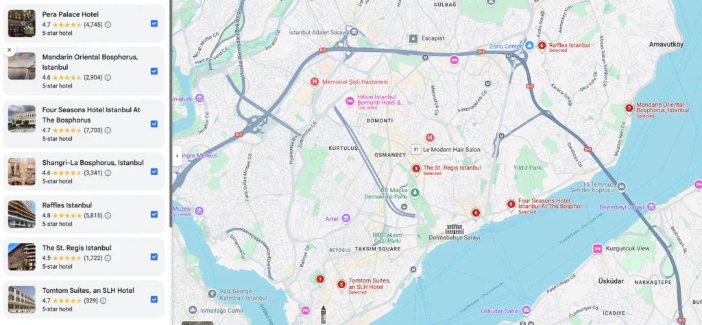 A map showing the locations of some of the best luxury hotels in Istanbul for families, including prominent options like The St. Regis Istanbul, Four Seasons Hotel Istanbul, and Mandarin Oriental Bosphorus, highlighting convenience and proximity to top city attractions.