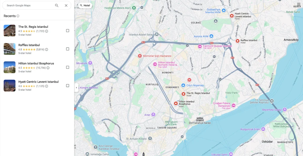 Google Maps view highlighting top hotels in Istanbul, including The St. Regis Istanbul, Raffles Istanbul, Hilton Istanbul Bosphorus, and Hyatt Centric Levent Istanbul. A useful visual guide for families searching for the best places to stay in Istanbul near key attractions and amenities.