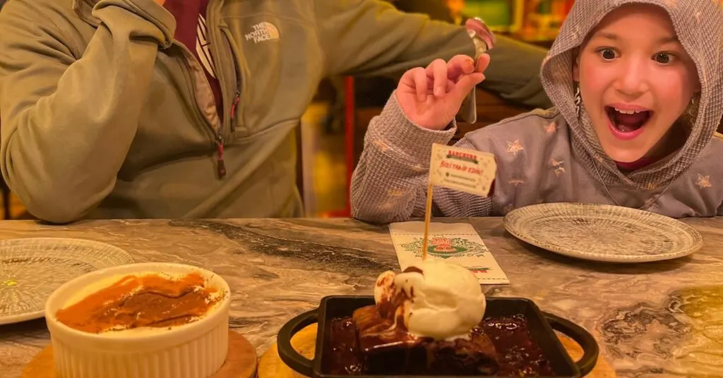 Child excitedly enjoying dessert at a restaurant in Istanbul, featuring a rich chocolate brownie with ice cream and a creamy tiramisu, showcasing the indulgent treats available at the best restaurants in Istanbul.