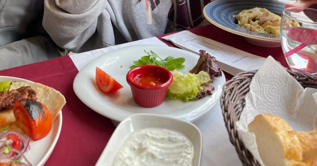 Table setting featuring a traditional Turkish meal with grilled kebab, fresh vegetables, yogurt dip, and a side of pasta, showcasing the culinary diversity at the best restaurants in Istanbul.