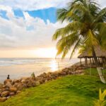Palm-lined beach at sunset in Nicaragua with children playing on the shore, ideal for families considering a move to Central America